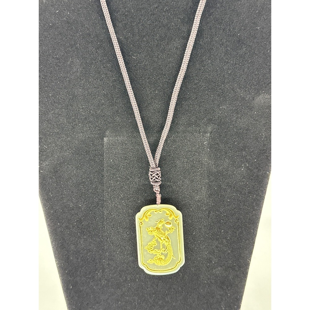 Dragon Jade Pendant Necklace Gold Oriental Carved Natural Amulet Gift Box Silk